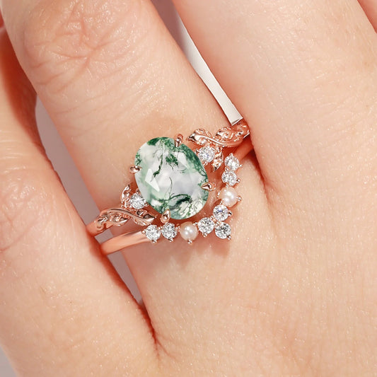 Oval Cut Moss Agate Leafy Gold Ring Set 2pcs - Clover