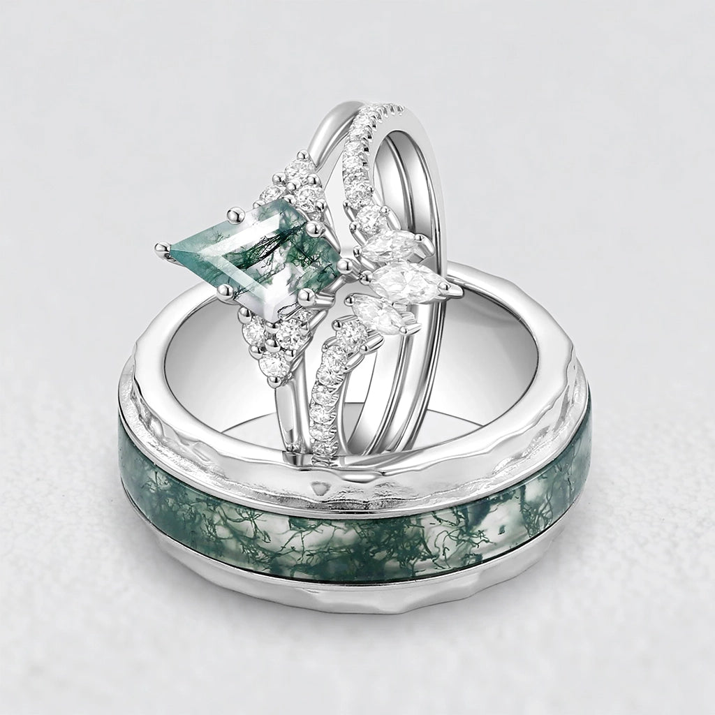Lydia Unique Moss Agate Engagement Couple Ring Set 3pcs