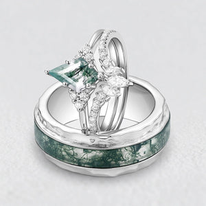 Lydia Unique Moss Agate Engagement Couple Ring Set 3pcs