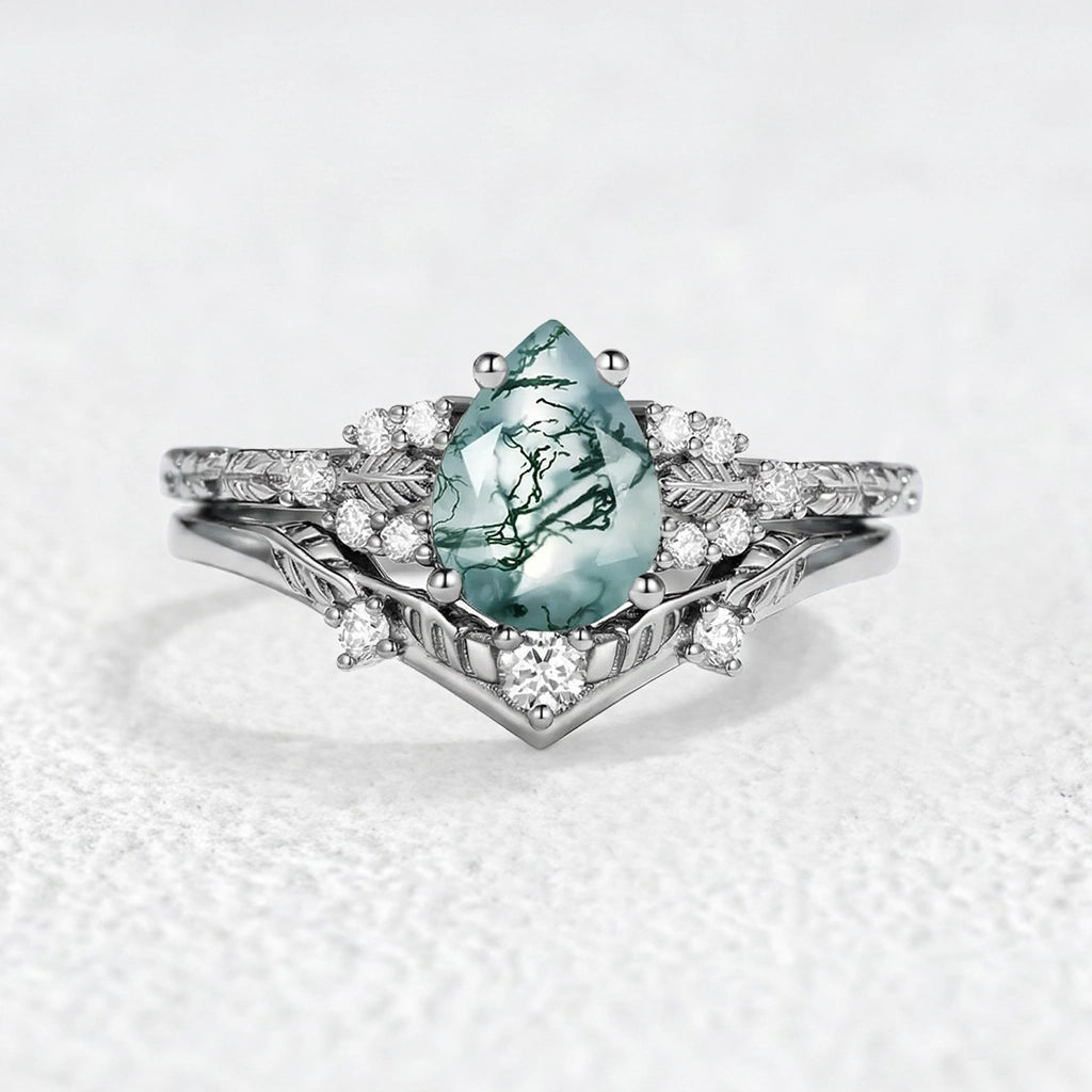 Hortense  Leaf Nature Inspired Pear Cut Moss Agate Engagement Ring Set 2pcs