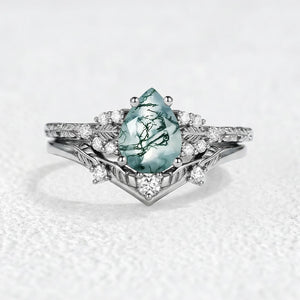 Hortense  Leaf Nature Inspired Pear Cut Moss Agate Engagement Ring Set 2pcs