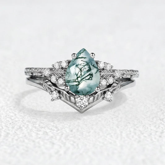 Hortense  Leaf Nature Inspired Pear Cut Moss Agate Engagement Ring Set 2pcs