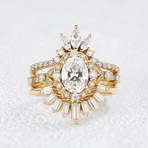 Unique Oval Cut Moissanite Sunflower Engagement Ring Set 3pcs