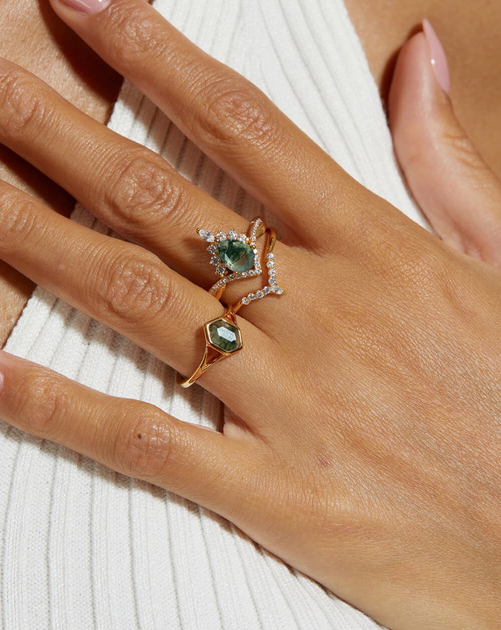 Pear Stack Moss Agate Leaf Engagement Ring Set