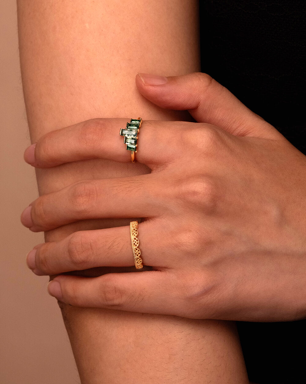 Gold Crown Stack Moss Agate Engagement Ring Set