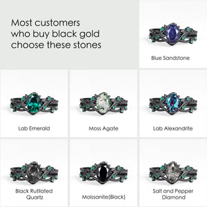 Nature Inspired - Oval Cut Moss Agate Leafy Black Gold Ring Set 2pcs - Mossy