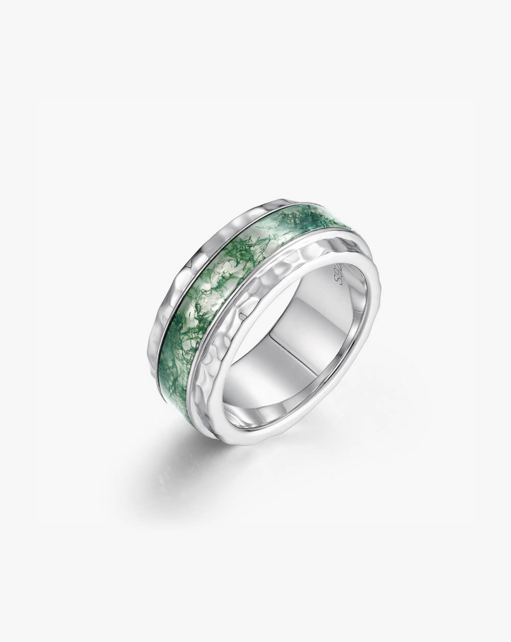Bold Hammered Sterling Silver Moss Agate Statement Band Ring