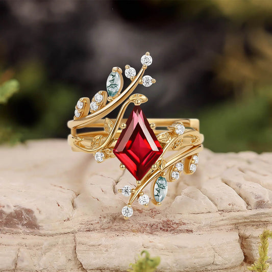 Knight Nature Inspired Kite Cut Moss Agate Cage Leafy Ring 2pcs