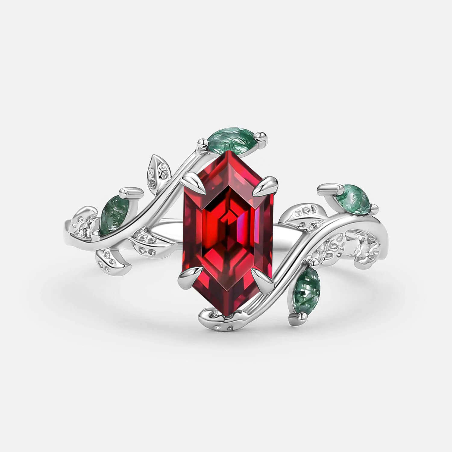 Vintage Hexagon Cut Moss Agate Leafy Engagement Ring