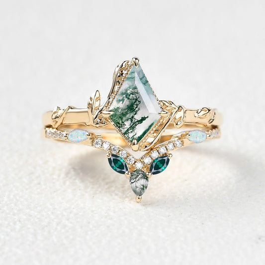 Lark Kite Cut Moss Agate Leafy Opal & Emerald Engagement Ring Sets 2pcs