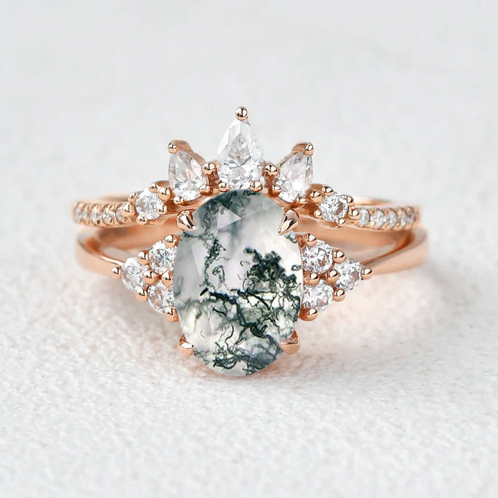 Oval Cut Moss Agate Cluster Gold Ring Set 2pcs
