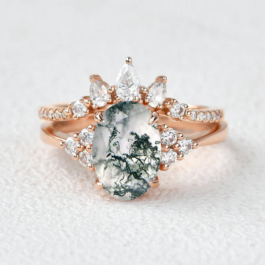 Oval Cut Moss Agate Cluster Gold Ring Set 2pcs