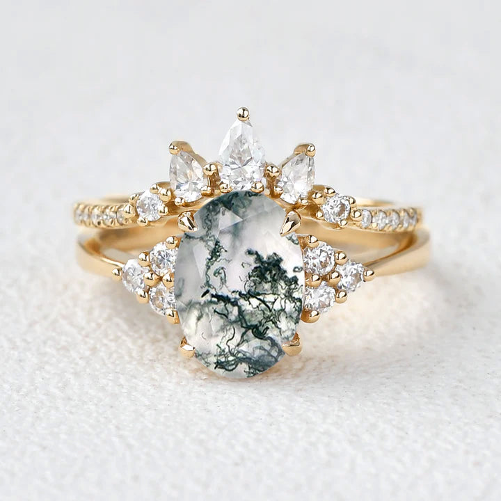 Oval Cut Moss Agate Cluster Gold Ring Set 2pcs