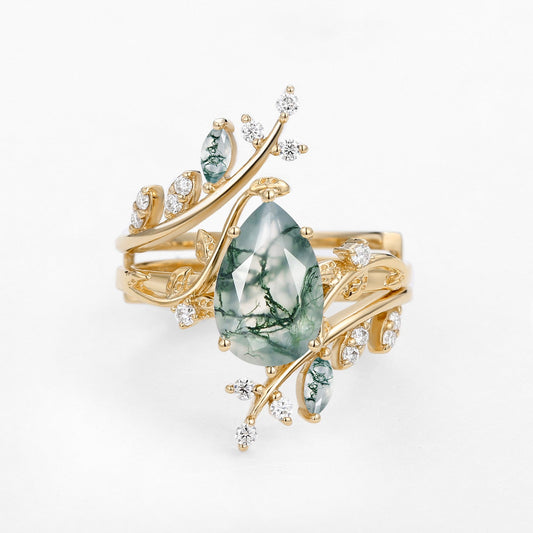 Knight Nature Inspired Pear Cut Moss Agate Cage Leafy Ring 2pcs