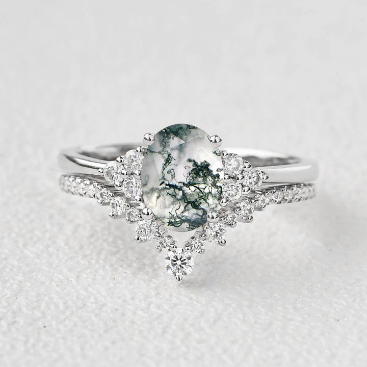 Moss Agate Oval Classic Ring Set 2pcs