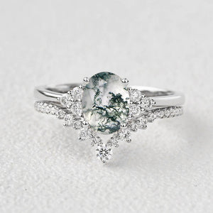 Moss Agate Oval Classic Ring Set 2pcs
