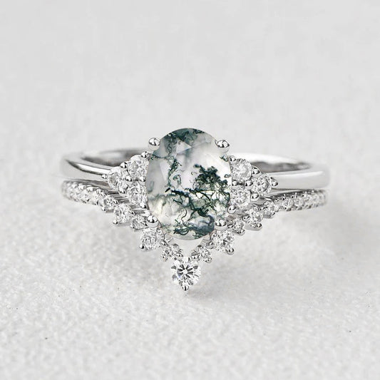 Moss Agate Oval Classic Ring Set 2pcs