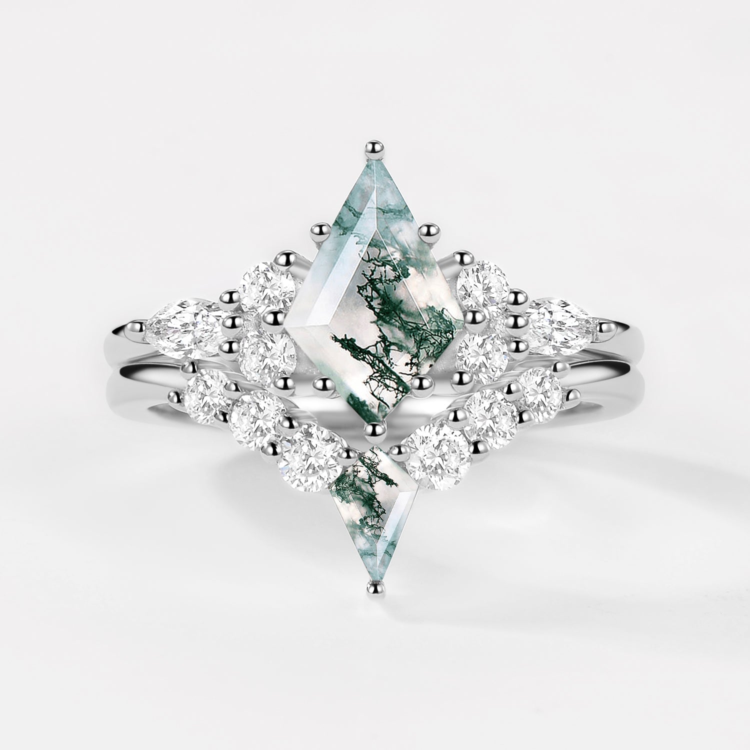 Twin Flames - Kite Cut Unique Moss Agate Engagement Ring Sets 2pcs - Zoey