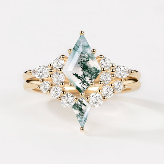 Zoey Twin Flames - Kite Cut Unique Moss Agate Engagement Ring Sets 2pcs