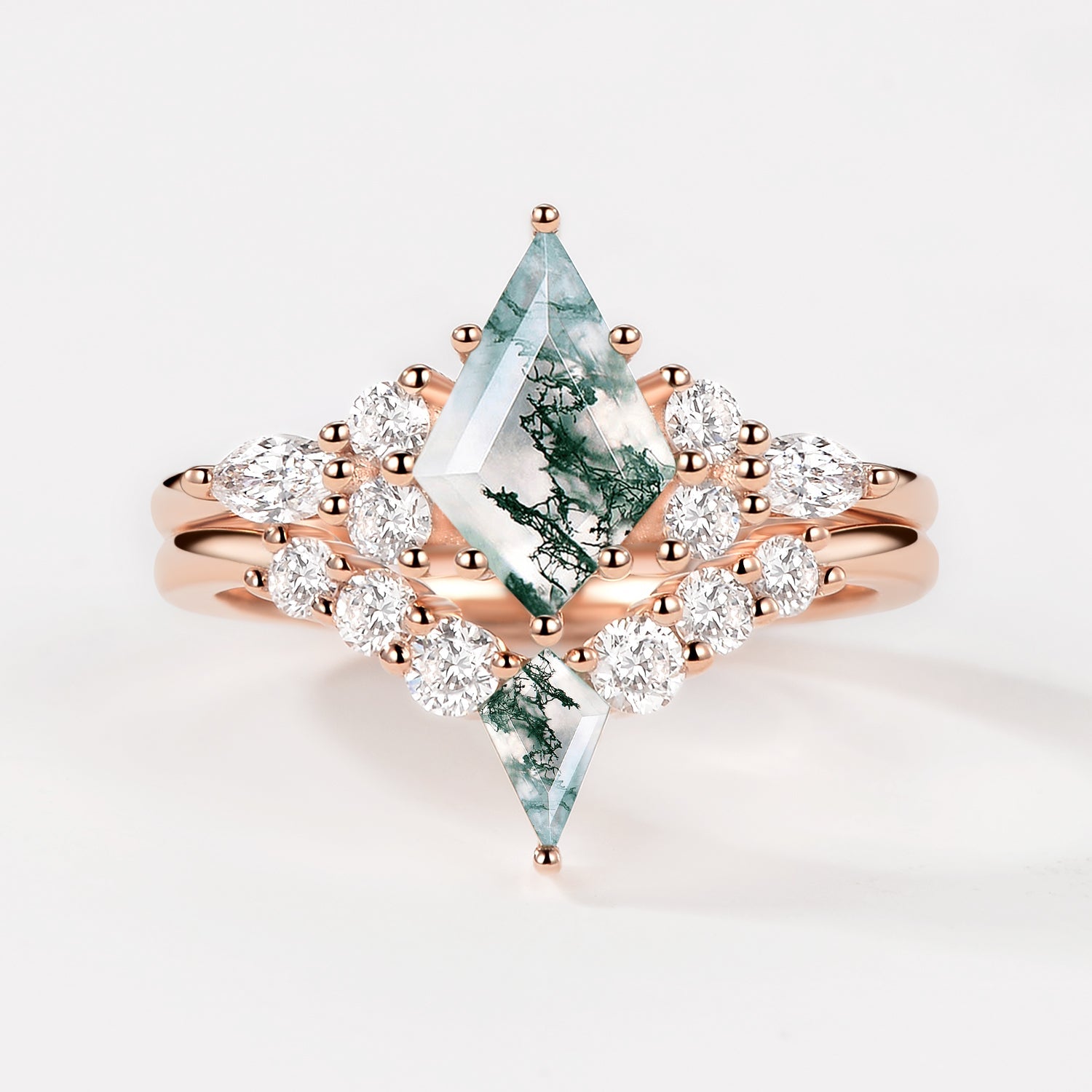 Twin Flames - Kite Cut Unique Moss Agate Engagement Ring Sets 2pcs - Zoey