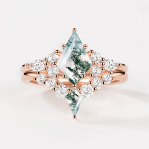 Twin Flames - Kite Cut Unique Moss Agate Engagement Ring Sets 2pcs - Zoey