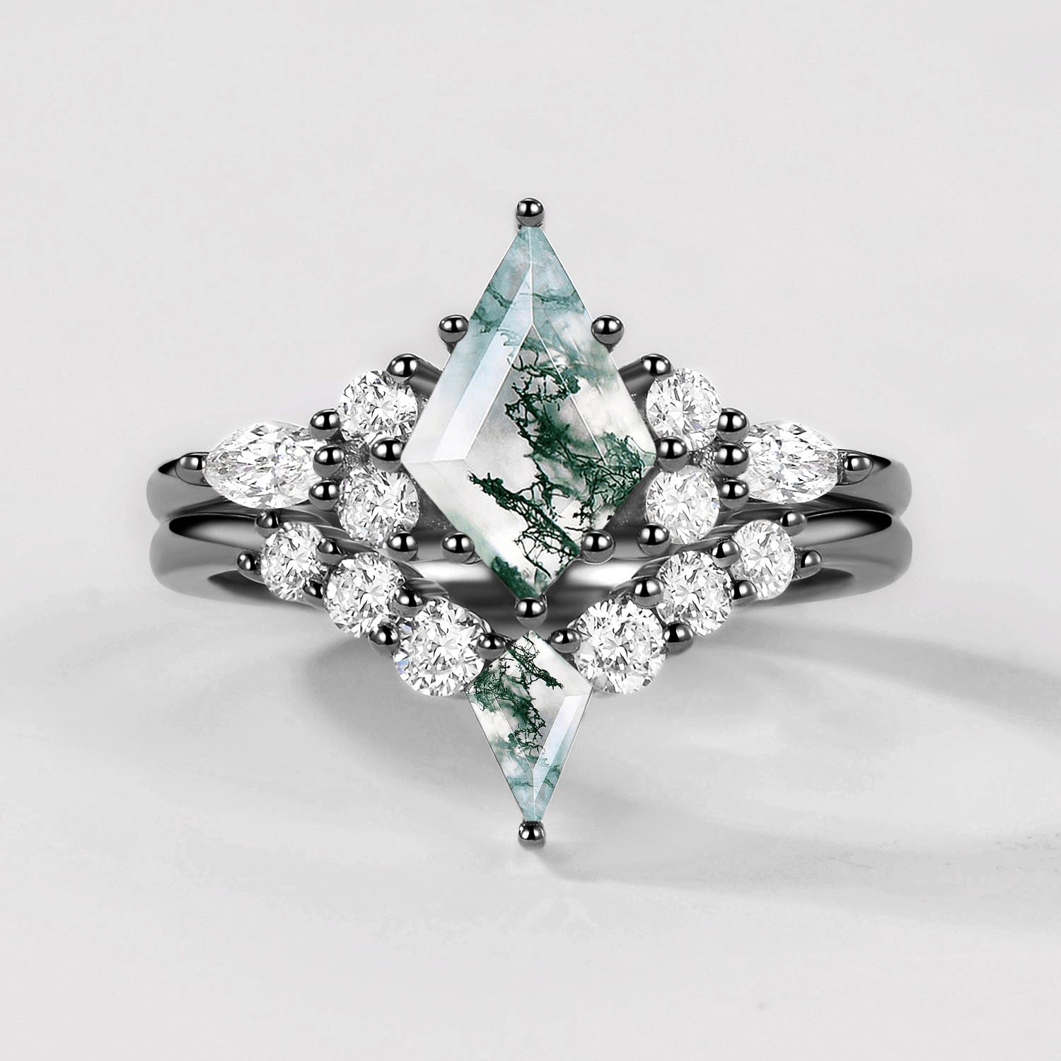 Twin Flames - Black Gold Kite Cut Unique Moss Agate Ring Sets 2pcs