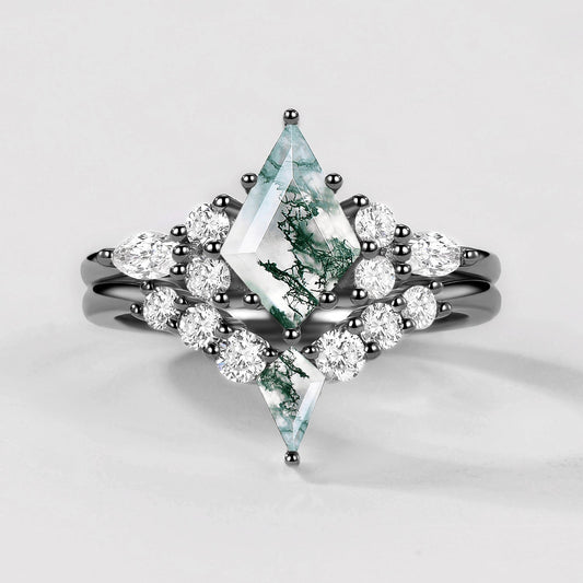 Twin Flames - Black Gold Kite Cut Unique Moss Agate Ring Sets 2pcs