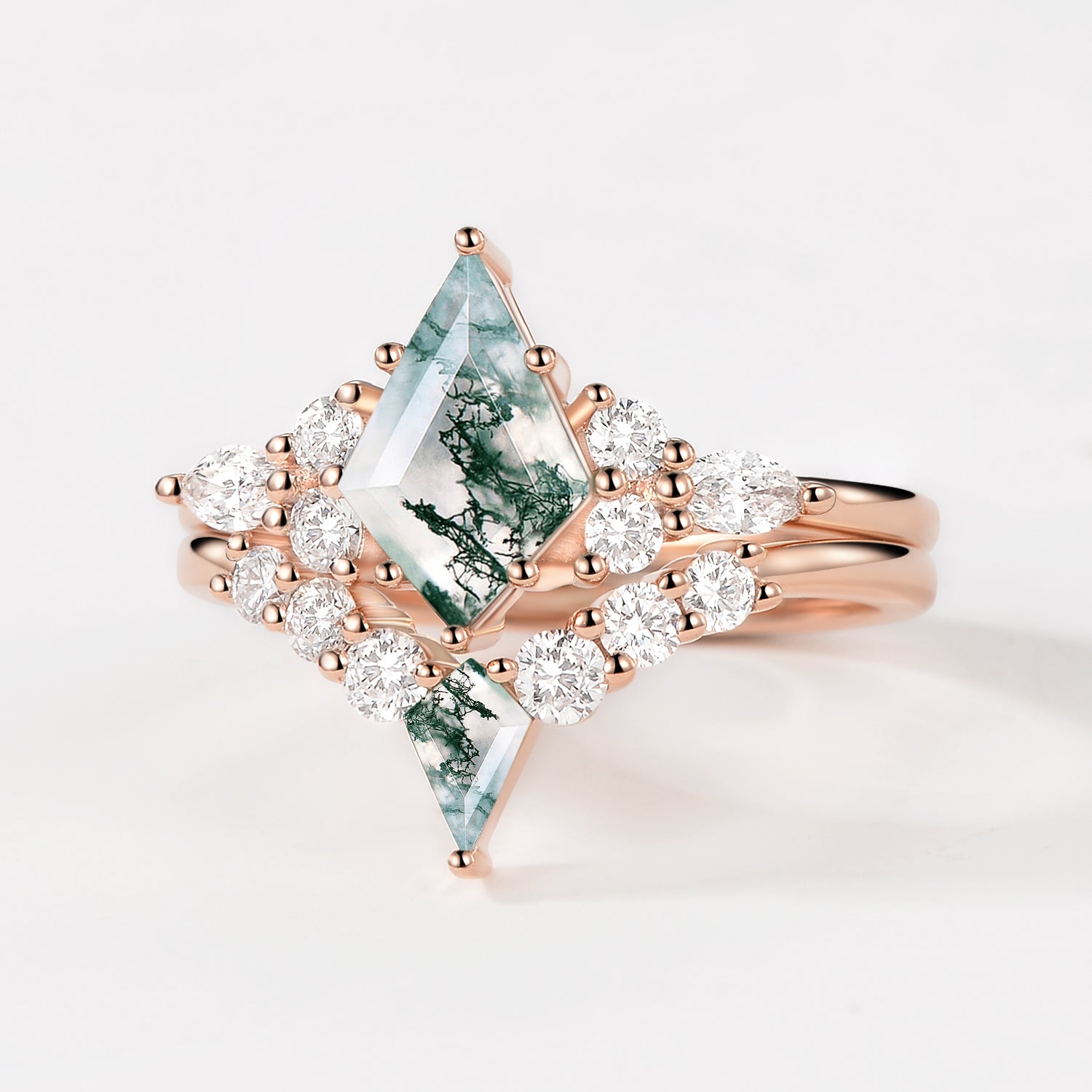 Twin Flames - Kite Cut Unique Moss Agate Engagement Ring Sets 2pcs - Zoey