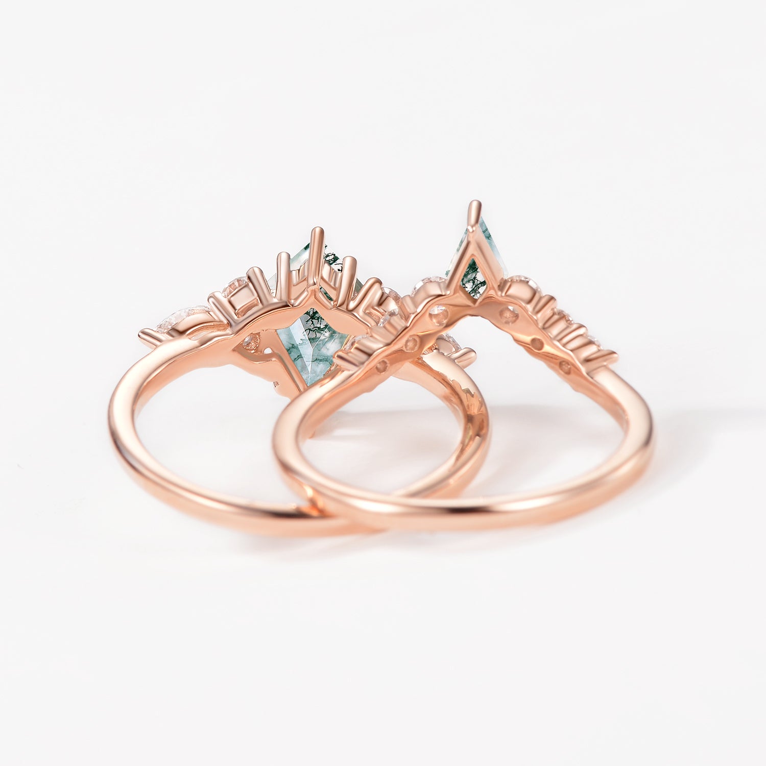 Twin Flames - Kite Cut Unique Moss Agate Engagement Ring Sets 2pcs - Zoey