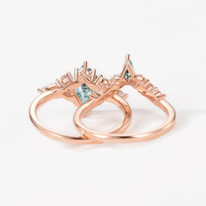 Twin Flames - Kite Cut Unique Moss Agate Engagement Ring Sets 2pcs - Zoey