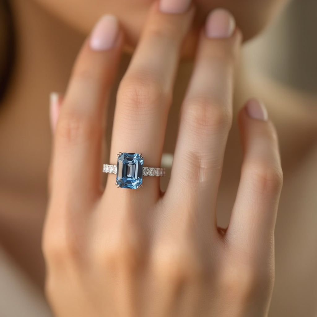 Marina‘s Aegean | 3CT Emerald Cut Blue Gemstone Ring