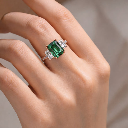Chic Silver Baguette Emerald Solitaire Statement Ring