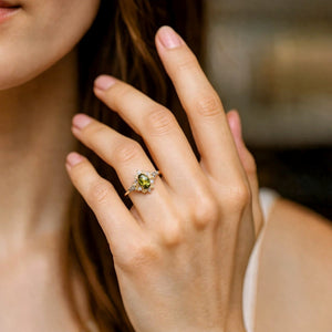 Rosalind’s Amber | 1CT Oval Cut Olive Yellow Halo Engagement Ring