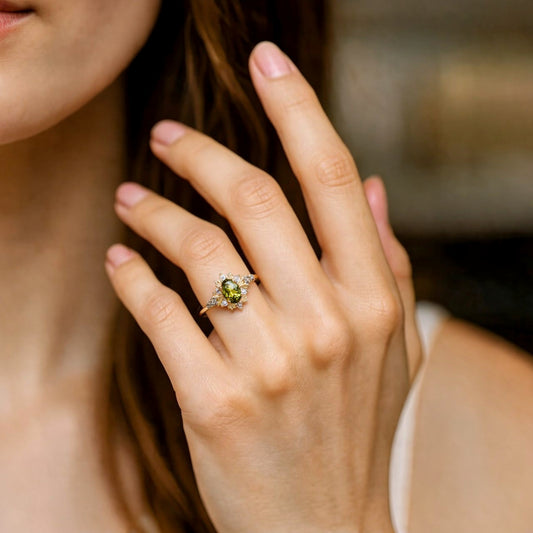 Rosalind’s Amber | 1CT Oval Cut Olive Yellow Halo Engagement Ring