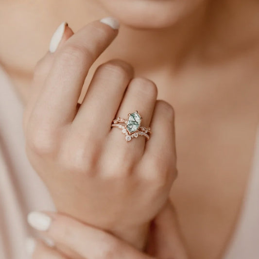 Forest Hexagon – Moss Agate Vintage Bridal Set 2pcs