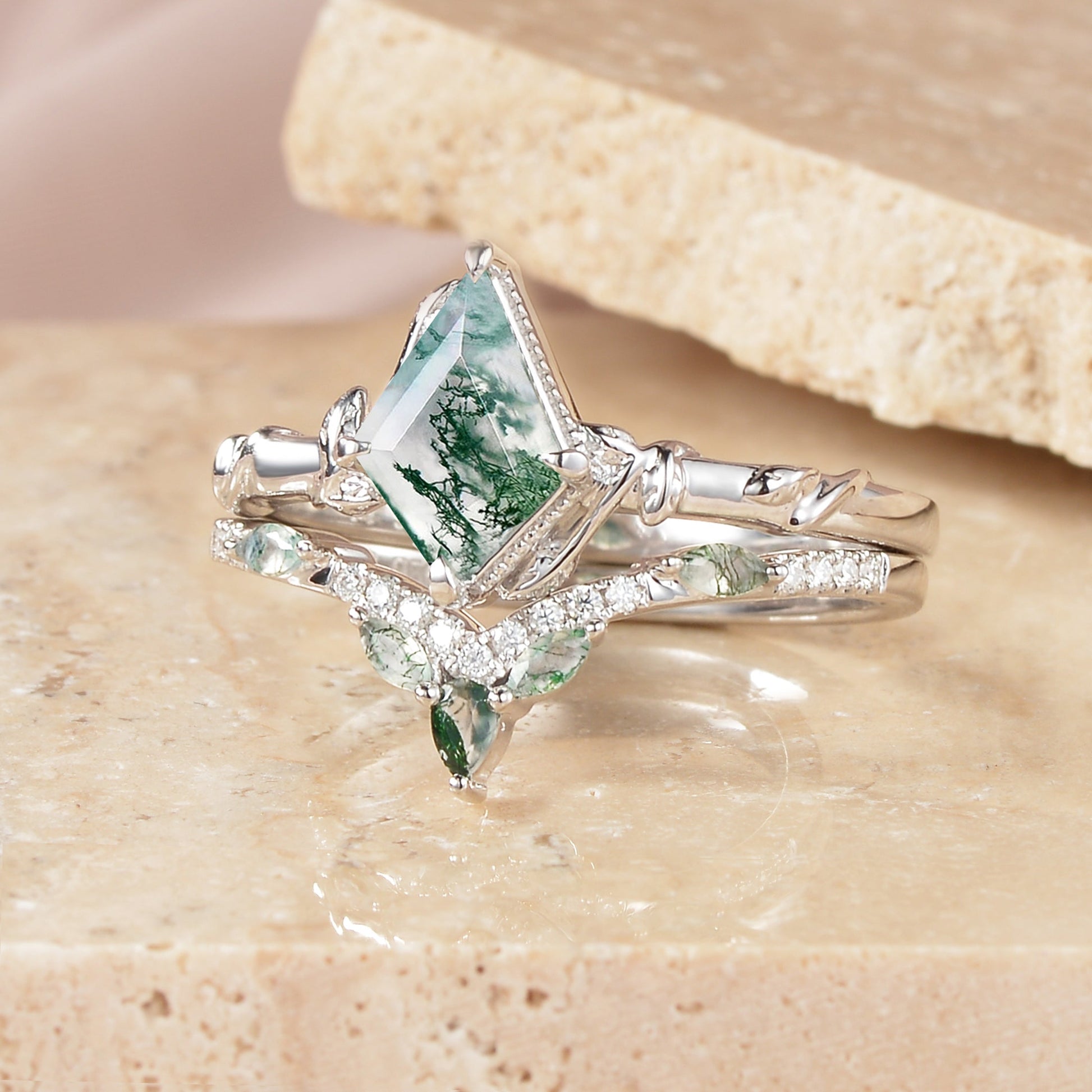 Lark Kite Cut Moss Agate Leafy Engagement Ring Sets 2pcs
