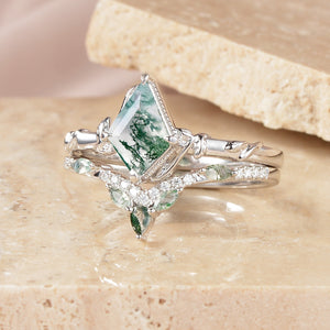 Lark Kite Cut Moss Agate Leafy Engagement Ring Sets 2pcs