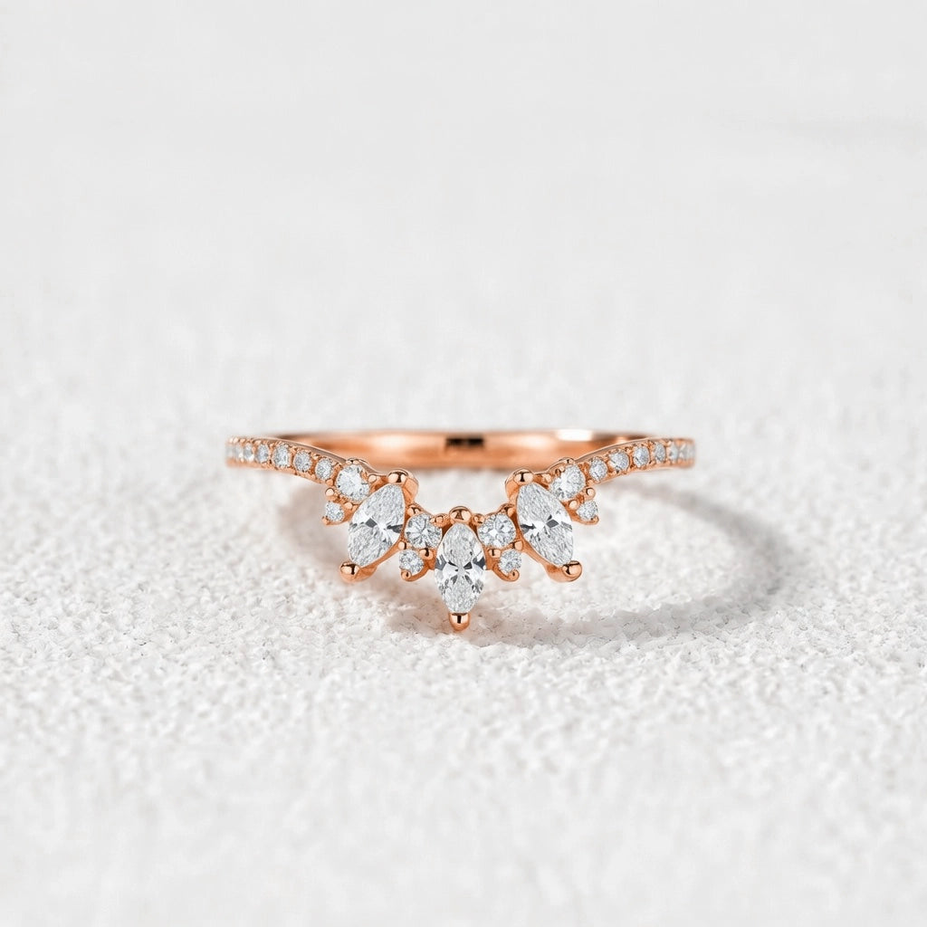 Marquise Cut Moissanite Half Eternity Curved Wedding Band in White Gold