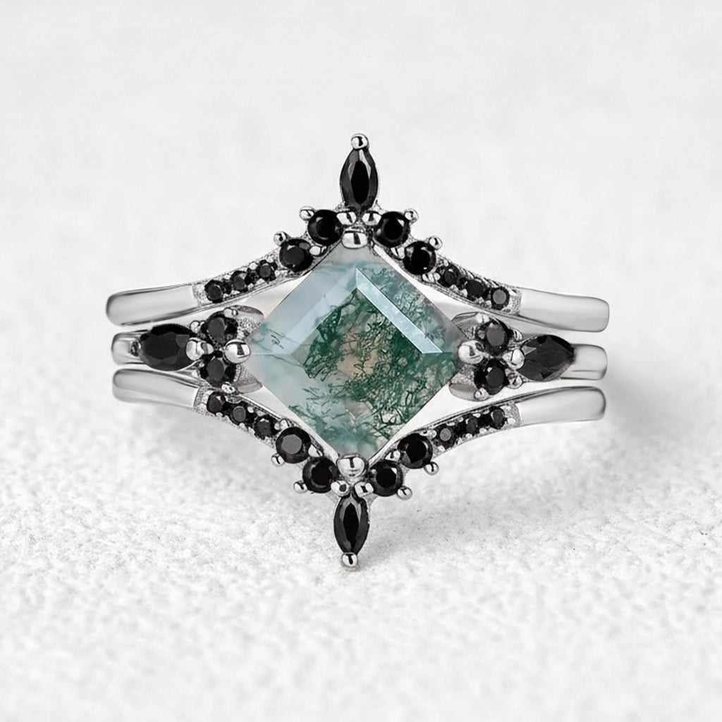 Nature Inspired Square Cut Moss Agate Leaf and Vine Promise Ring Set