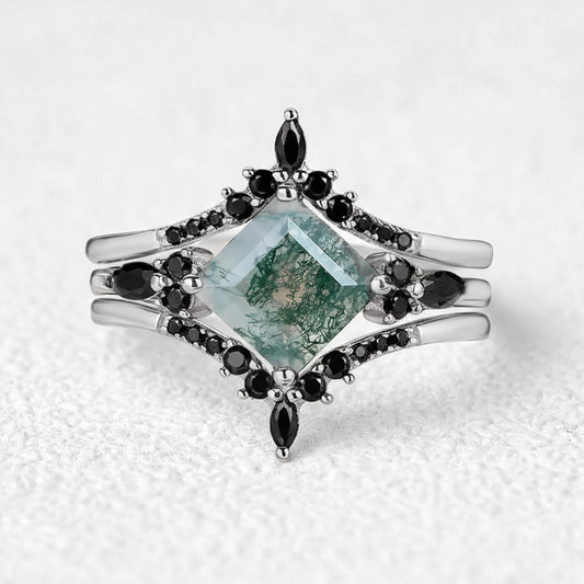 Nature Inspired Square Cut Moss Agate Leaf and Vine Promise Ring Set