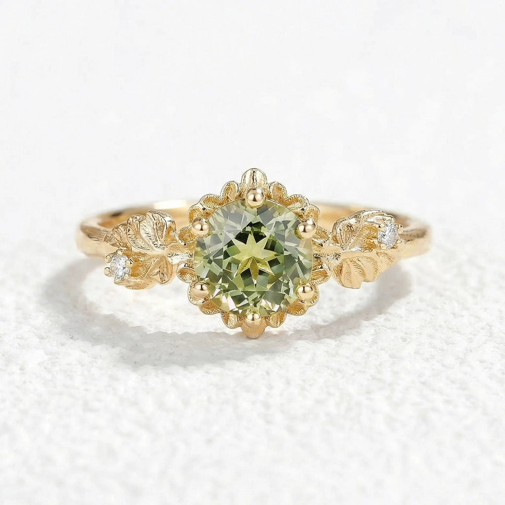 Sylvie’s Blossom |Round Green Sapphire Floral Engagement Ring
