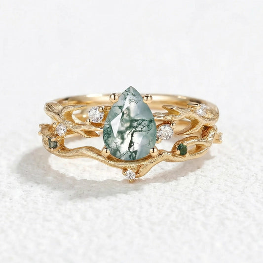 Camellia Pear Cut Moss Agate Branch Leafy Bridal Set 2pcs