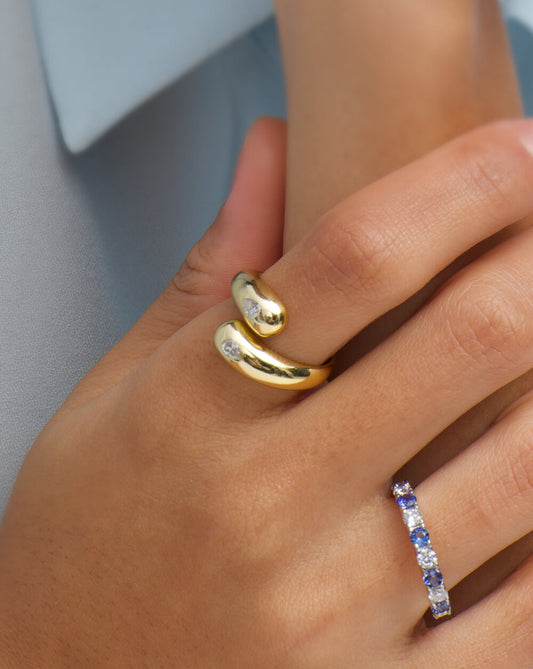 Golden Teardrop Open Wrap  Dome Silver Moissanite Ring-Unisex