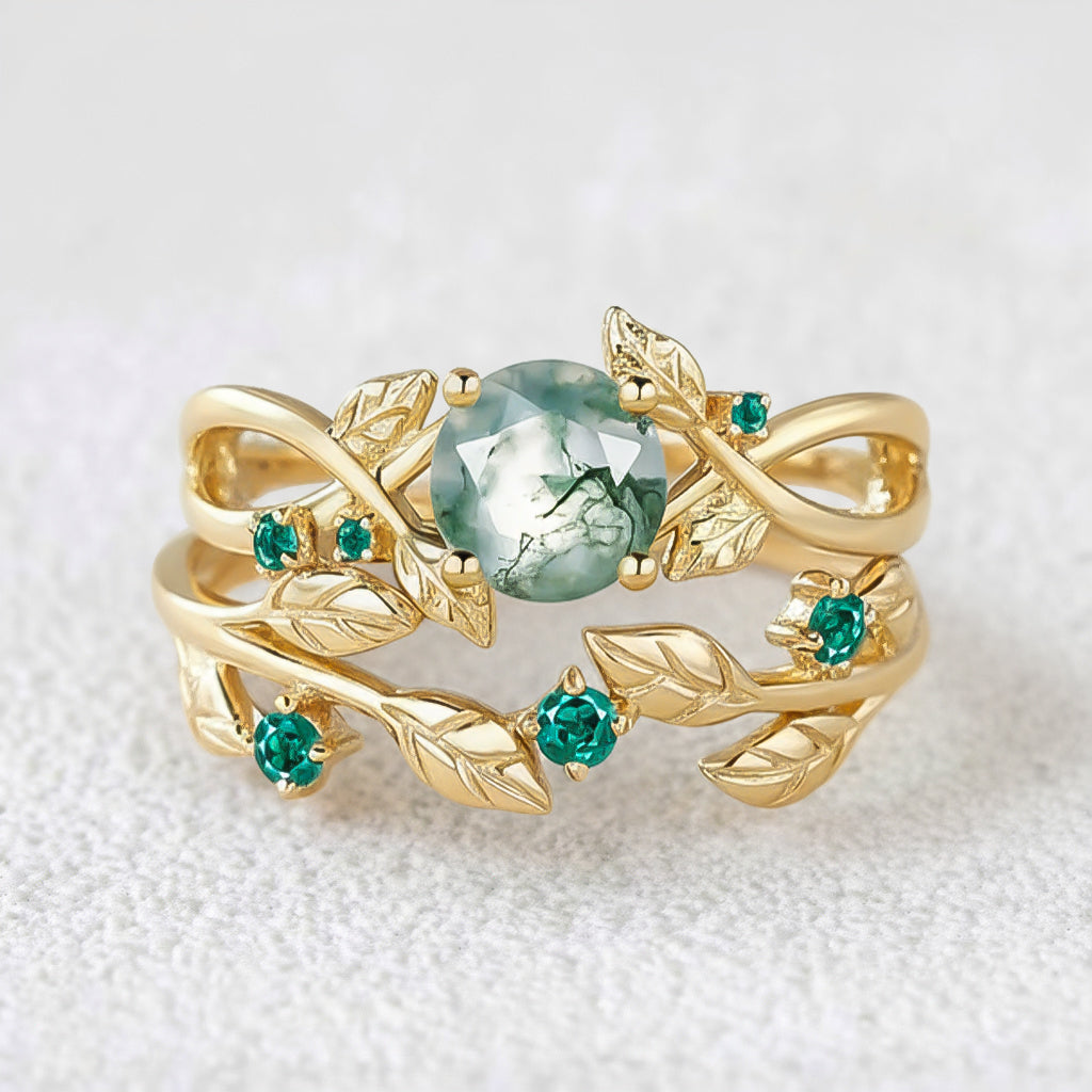 Nature Inspired Round Cut Moss Agate & Emerald Bridal Set