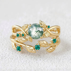 Nature Inspired Round Cut Moss Agate & Emerald Bridal Set