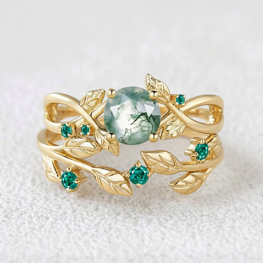 Nature Inspired Round Cut Moss Agate & Emerald Bridal Set