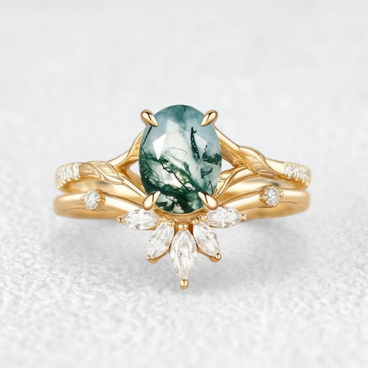 Oval Cut Moss Agate Leafy Cluster Bridal Set