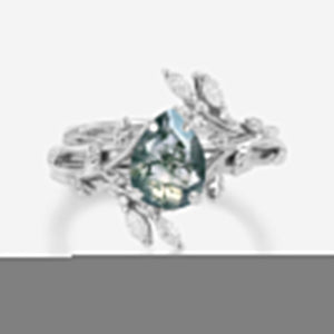 Cage Pear Shaped Moss Agate Leafy Ring Set 2pcs