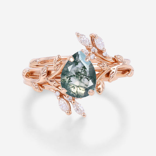 Cage Pear Shaped Moss Agate Leafy Ring Set 2pcs
