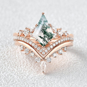 Kite Cut Moss Agate Stacking Luxurious Engagement Bridal Set 3pcs